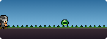 A player heads along a path covered in slime, clearing it as they go, with a slime monster hopping ahead.