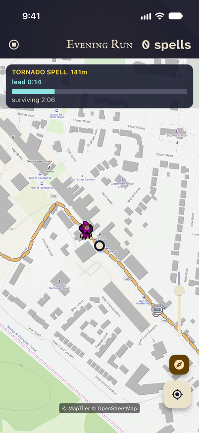 The map of a route through a town centre with the sorcerer a step behind the player, a tornado spell further along, and 14 seconds of lead left.
