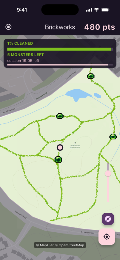 The map of a park with every path covered in green slime and slime monsters dotted along it.